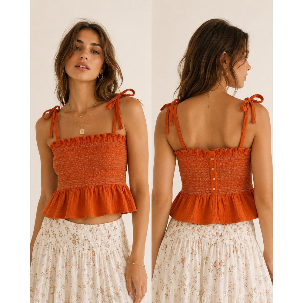 Free People Smocked Tank Top Womens XS Orange Excellent Boho Tie Strap Peplum